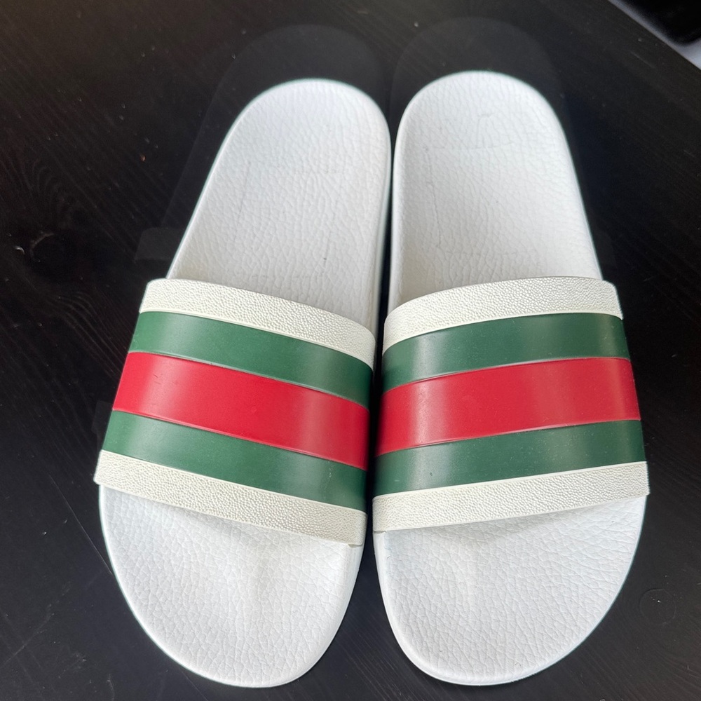Gucci White Slides with Red and Green Accents